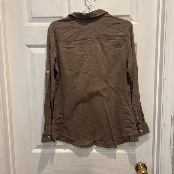 NY&C Large Brown Semi Sheer Button Up Shirt Roll Tab Sleeve Top Career Beachy - Picture 5 of 9